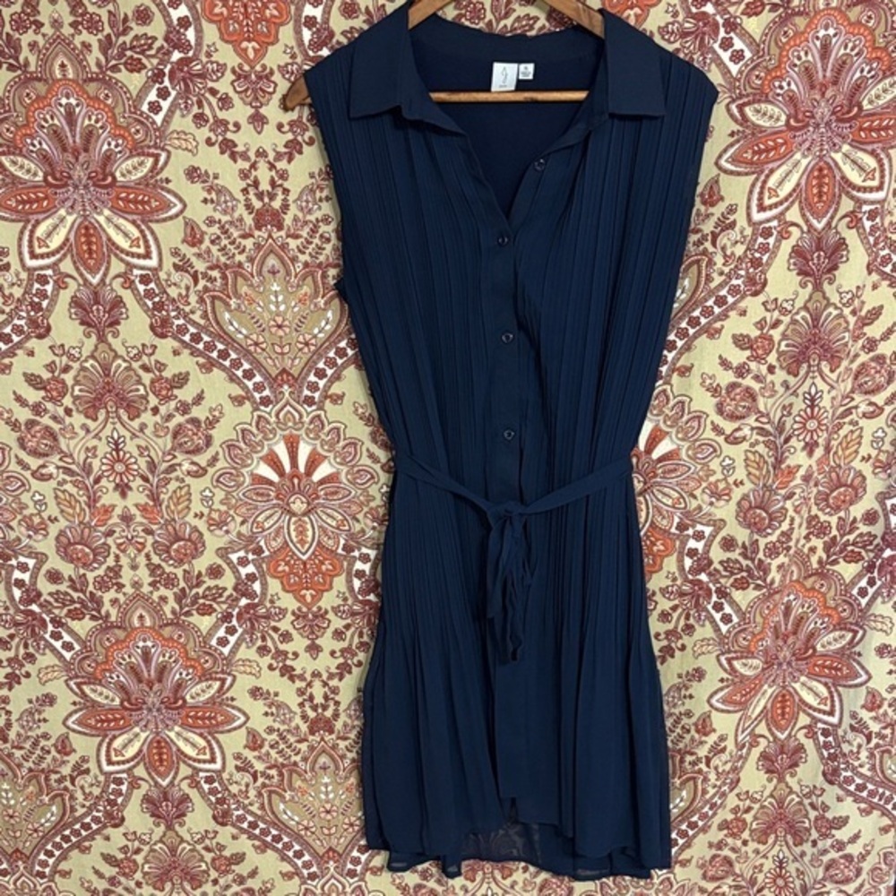 JOIE XL navy pleated swing dress with belted waist and sleeveless collar
